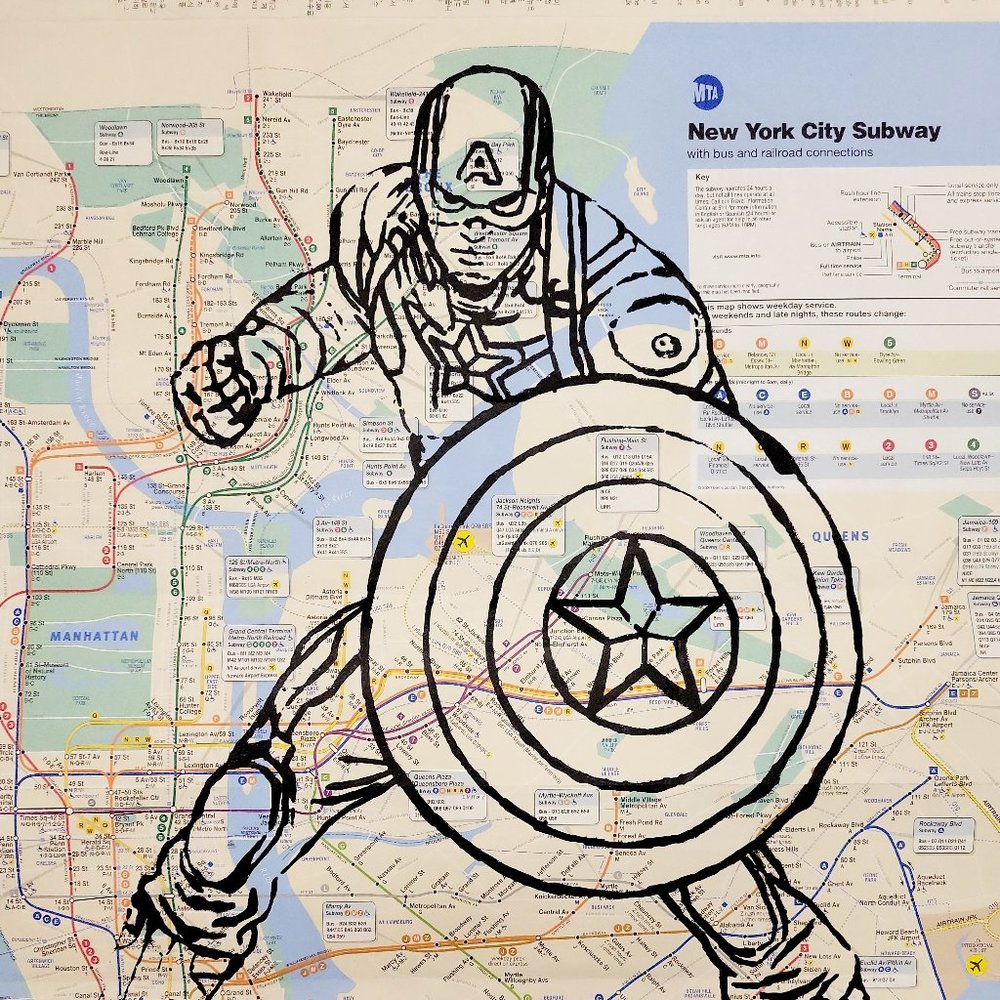 Handpainted Marvel Captain America Art on NYC Subway Map Rare Original Artwork